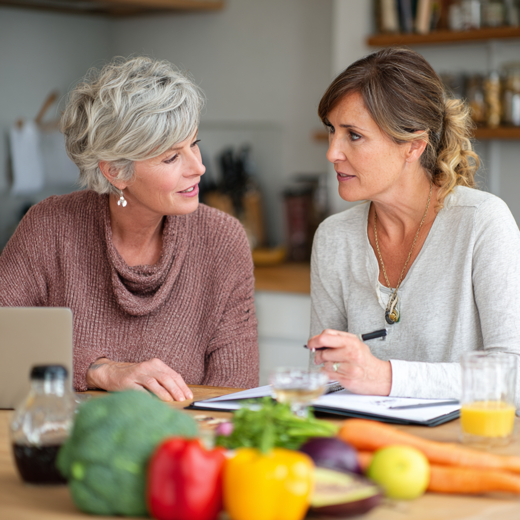 Middle-aged nutritionist consulting with client about healthy meal planning