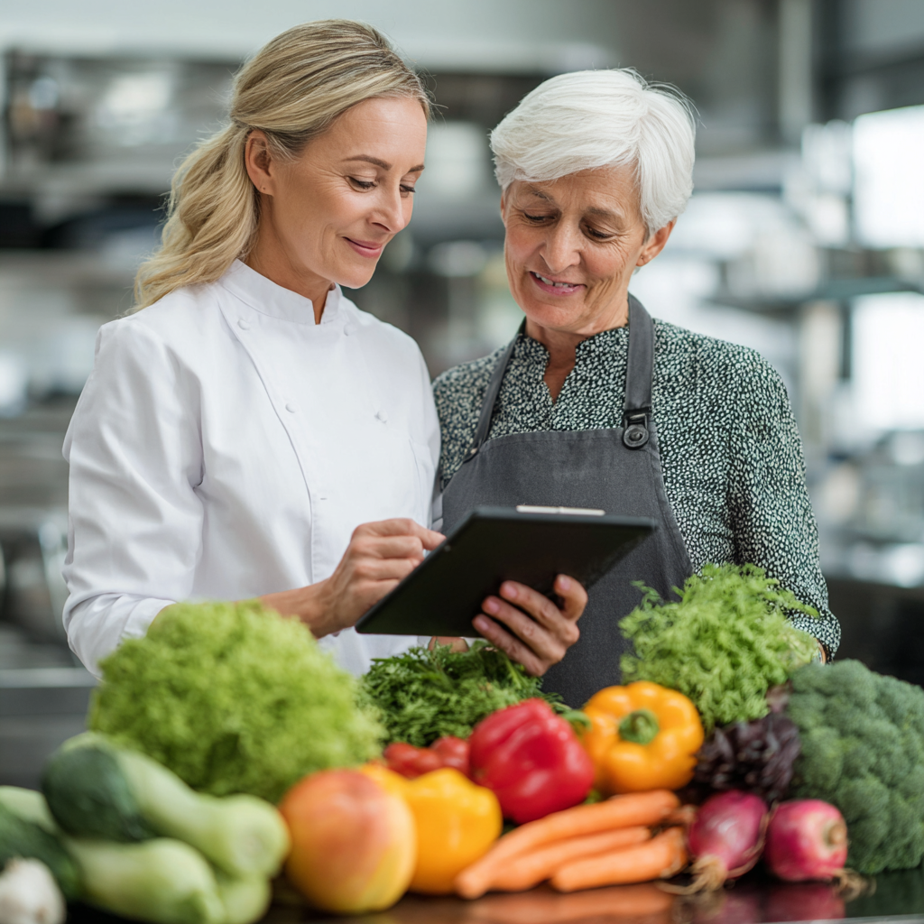 Professional nutritionist working with healthy meal plan consultation for mature adults